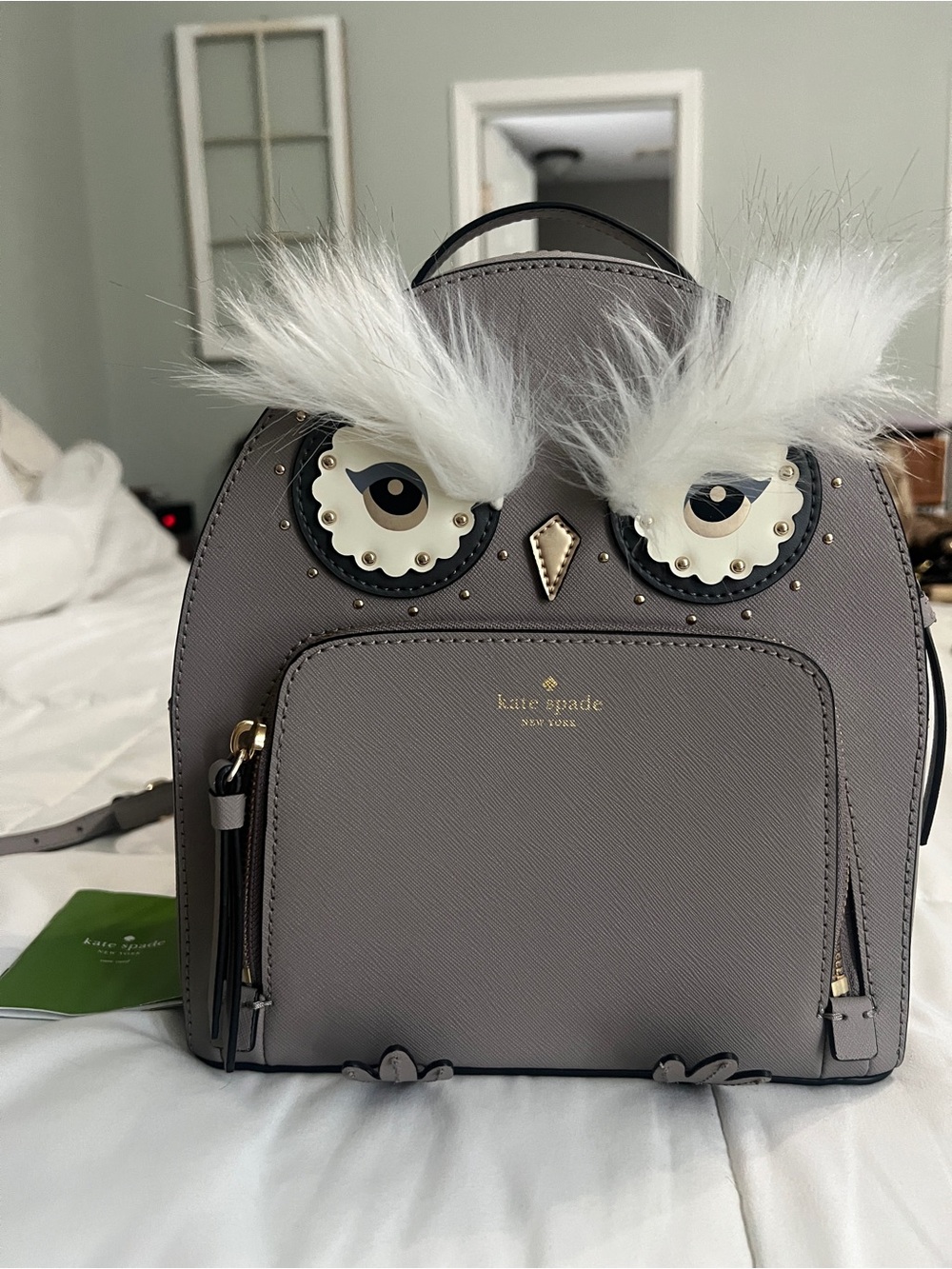 Brand New Kate Spade Gray Owl Backpack with Faux Fur Accents